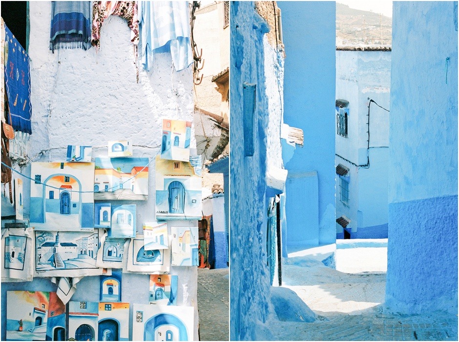 The blue city of Chefchaouen. Diptych of artwort and streets
