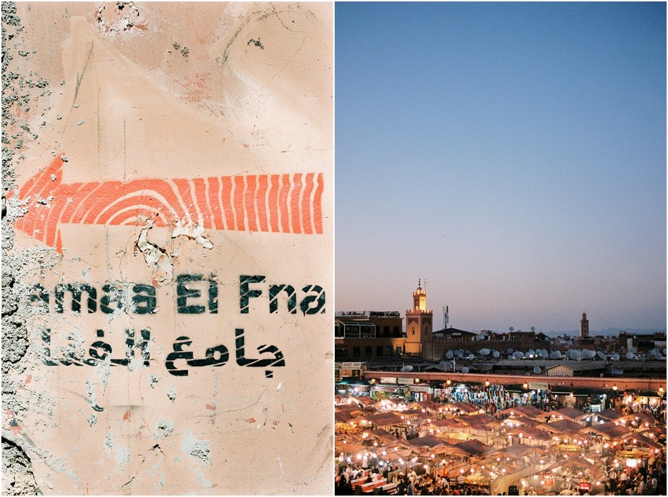 Diptych of Jemaa el Fna at night and sign directing to the medina