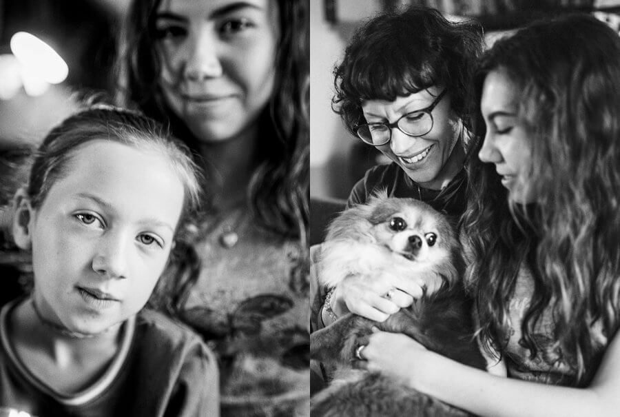 Black and white image of mother and daughters | Colour family photography