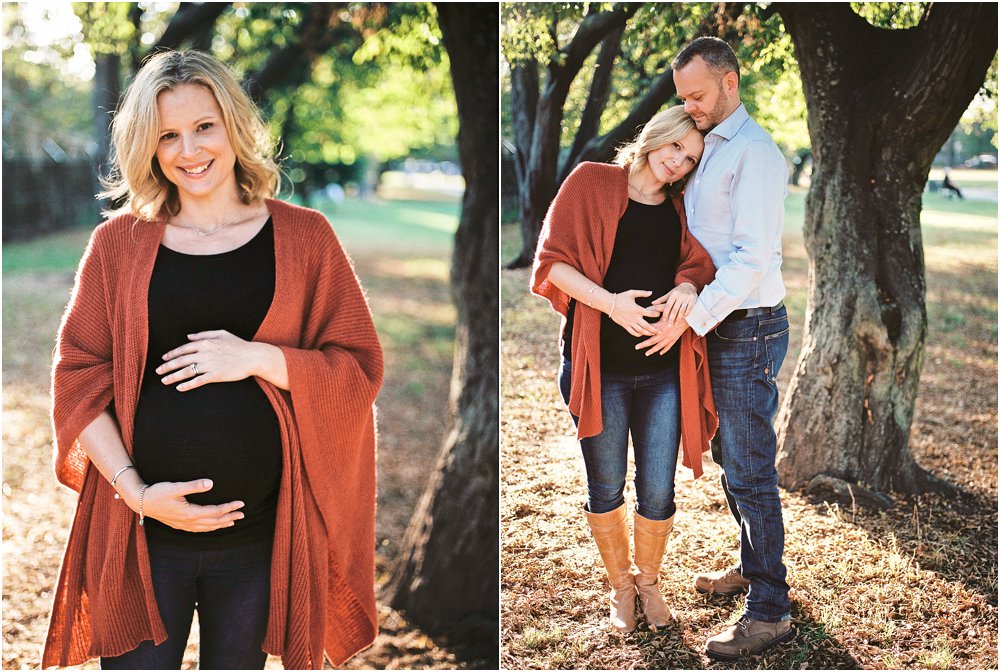 Dyptych of Sian & tim in Turnam Green Park maternity photographs in warming orange