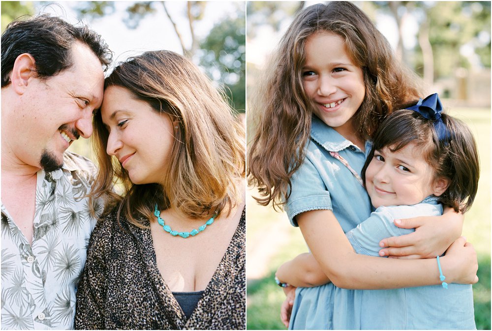 Dyptych of family cuddling in a park