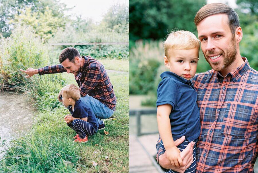 Two images, one of adult and boy crouched looking out over a pond. The other image is a close up portrait of adult holding child looking at the camera | Family Woodland Shoot