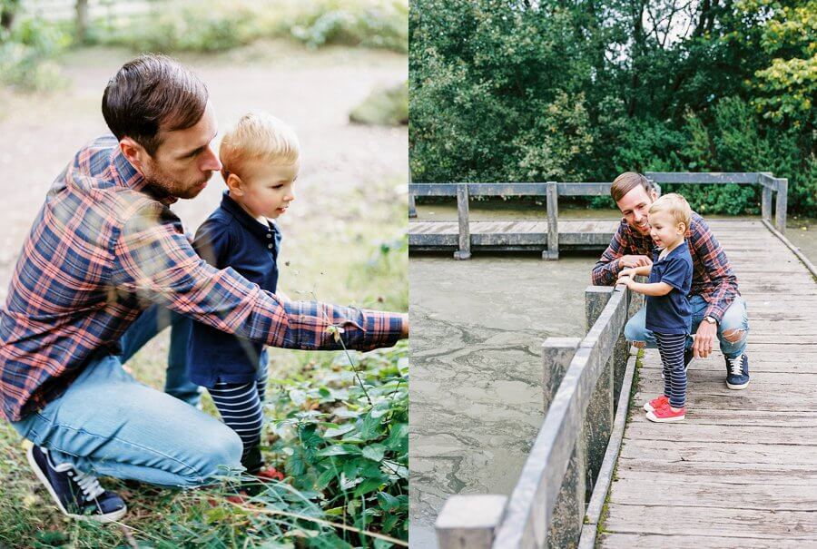 Two images. One of Adult and child pickin berrys in the wood. One of adult and child on the pier over a pond looking for fish | Family Woodland Shoot