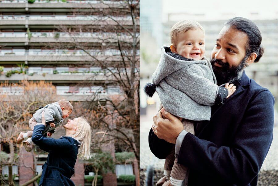 Diptych of Mum holiday baby in front of brutalist building and Dad cuddling baby. 